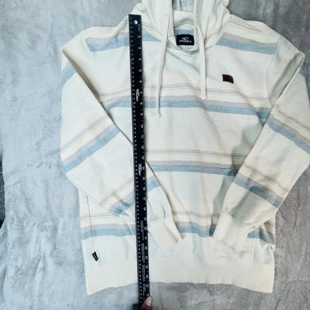 O’Neill Men’s Medium Cream Blue Striped Full Zip Hoodie Surf Skate Standard Fit